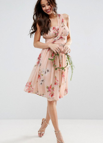 Розовое кэжуал платье клеш, на одно плечо Asos с цветочным принтом