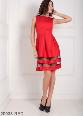 Червона кежуал ошатне лялькове плаття з котон-мемори зі вставками з євро-сітки tina червоний Podium однотонна