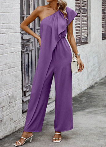 Комбинезон SHEIN комбинезон-брюки однотонный фиолетовый праздничный, коктейльный полиэстер