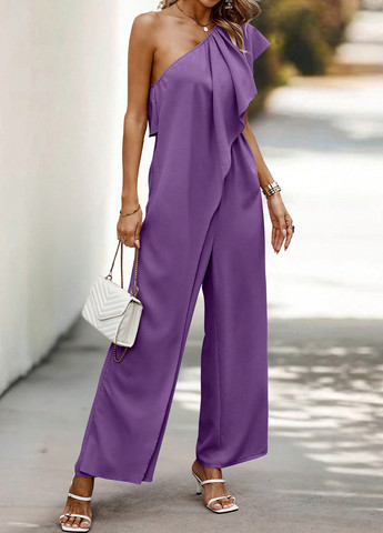 Комбинезон SHEIN комбинезон-брюки однотонный фиолетовый праздничный, коктейльный полиэстер