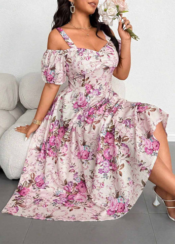 Комбинированное вечернее, кэжуал платье с открытыми плечами SHEIN с цветочным принтом