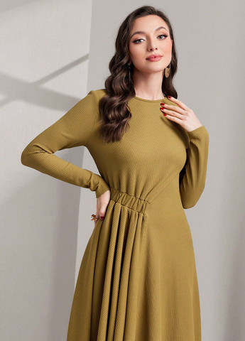 Горчичное кэжуал платье а-силуэт SHEIN однотонное