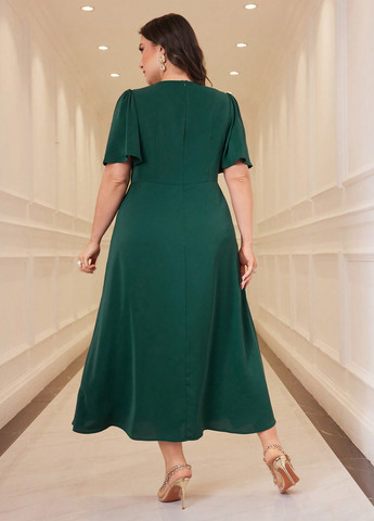 Бутылочное зеленое вечернее, деловое платье клеш, плиссированное SHEIN однотонное