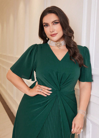 Бутылочное зеленое вечернее, деловое платье клеш, плиссированное SHEIN однотонное