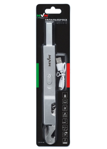 Зажигалка электроимпульсная USB со штопором, 25х2,5х1,8см MVM серая