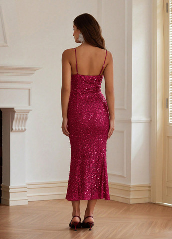 Малиновое праздничный, вечернее платье годе, платье-комбинация, с открытыми плечами, с открытой спиной SHEIN однотонное