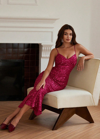 Малиновое праздничный, вечернее платье годе, платье-комбинация, с открытыми плечами, с открытой спиной SHEIN однотонное