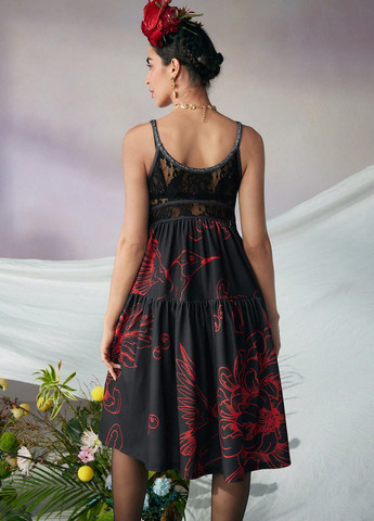 Чорна кежуал сукня в стилі армпір SHEIN з квітковим принтом