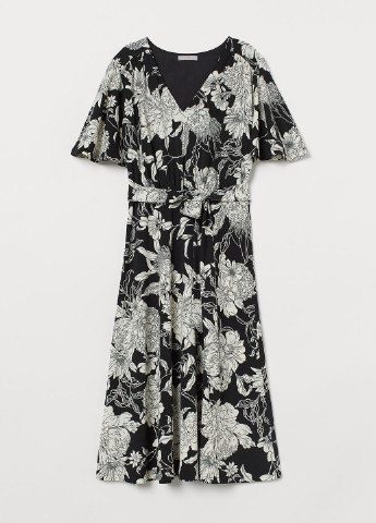 Черное кэжуал платье а-силуэт H&M с цветочным принтом
