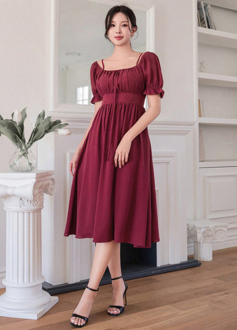 Вишневое кэжуал платье в стиле ампир SHEIN однотонное