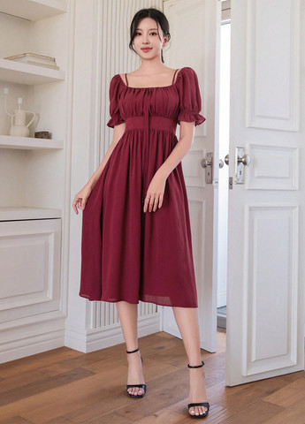 Вишневое кэжуал платье в стиле ампир SHEIN однотонное