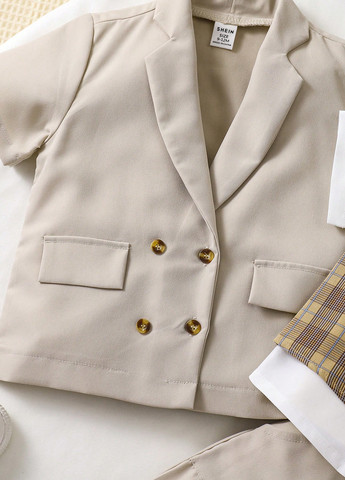 Светло-бежевый демисезонный костюм (пиджак, рубашка, жилет, шорты, бабочка) с рубашкой, с шортами SHEIN