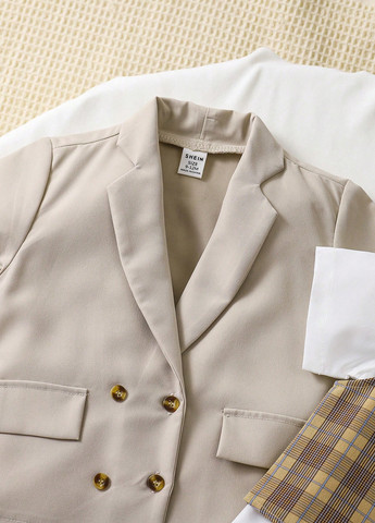 Светло-бежевый демисезонный костюм (пиджак, рубашка, жилет, шорты, бабочка) с рубашкой, с шортами SHEIN