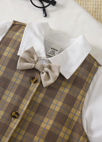 Светло-бежевый демисезонный костюм (пиджак, рубашка, жилет, шорты, бабочка) с рубашкой, с шортами SHEIN