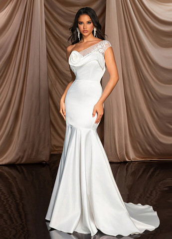 Белое праздничный платье со шлейфом SHEIN однотонное