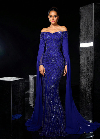 Фіолетова вечірня, святковий сукня годе, сукня-кейп, зі шлейфом, з відкритими плечима, з відкритою спиною SHEIN однотонна