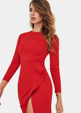 Червона коктейльна червона сукня з високим розрізом Gepur однотонна