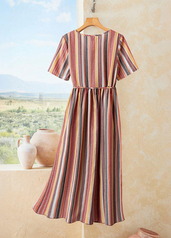 Рожево-коричнева кежуал сукня з спідницею-сонце SHEIN в смужку