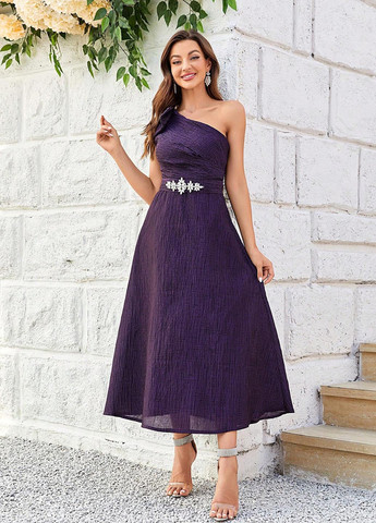 Фиолетовое коктейльное, праздничный платье на одно плечо, а-силуэт SHEIN однотонное