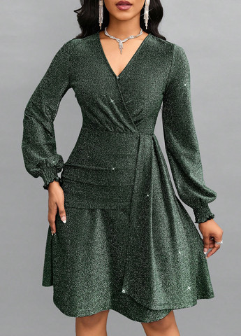 Темно-зелена вечірня сукня на запах SHEIN однотонна