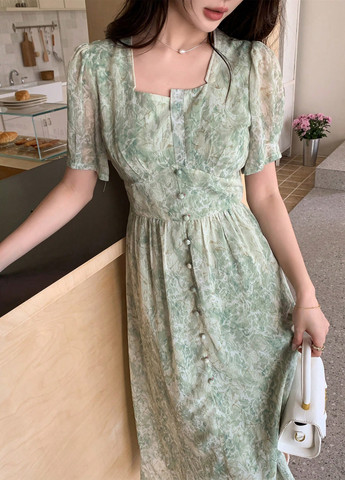 Светло-зеленое кэжуал платье клеш SHEIN с абстрактным узором