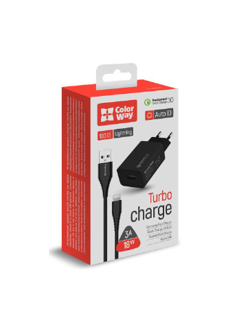 Зарядний пристрій g (CW-CHS013QCL-BK) Colorway 1usb quick charge 3.0 (18w) black + cable lightnin (253506926)