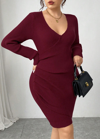 Бордовое кэжуал платье силуэтная, на запах, платье-свитер SHEIN однотонное