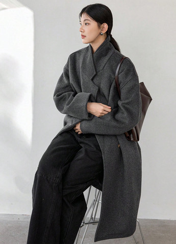 Темно-сіре зимнє Пальто двобортне SHEIN