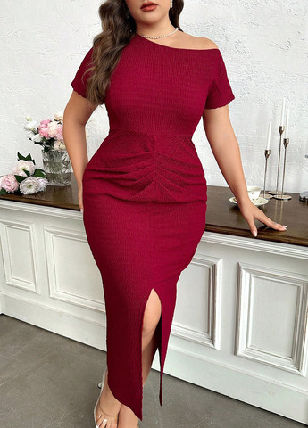 Бордовое кэжуал платье на одно плечо SHEIN однотонное