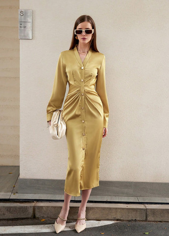 Золотой кэжуал платье рубашка SHEIN однотонное