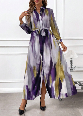 Фиолетовое кэжуал платье рубашка SHEIN с абстрактным узором