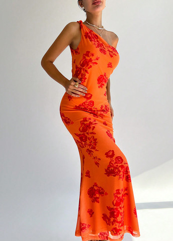 Помаранчева кежуал, святковий, коктейльна сукня силуетна, на одне плече SHEIN з квітковим принтом