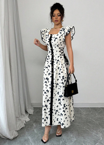 Чорно-білий вечірня сукня з спідницею-сонце, футляр SHEIN метелики