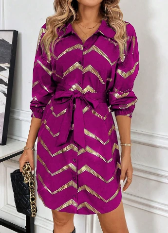Розово-лиловое кэжуал платье рубашка SHEIN с геометрическим узором