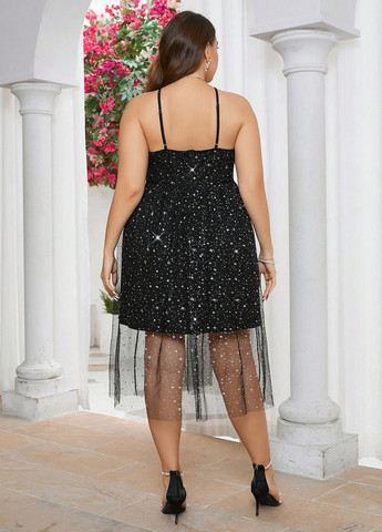 Черное коктейльное платье с юбкой-солнце, с открытой спиной SHEIN с узором «перец с солью»