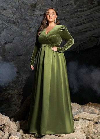 Оливковое вечернее платье с пышной юбкой SHEIN однотонное