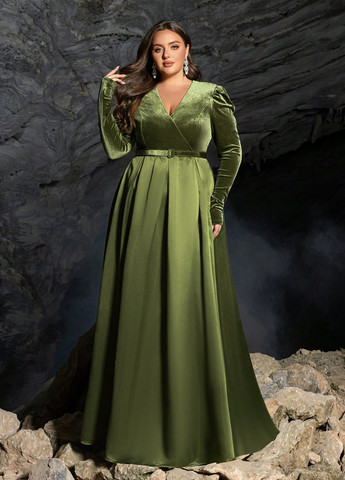 Оливковое вечернее платье с пышной юбкой SHEIN однотонное