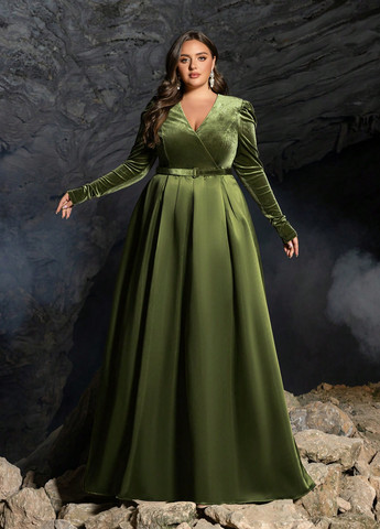 Оливковое вечернее платье с пышной юбкой SHEIN однотонное