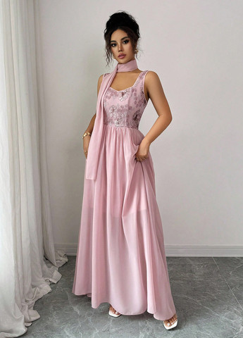 Розовое вечернее платье а-силуэт SHEIN однотонное