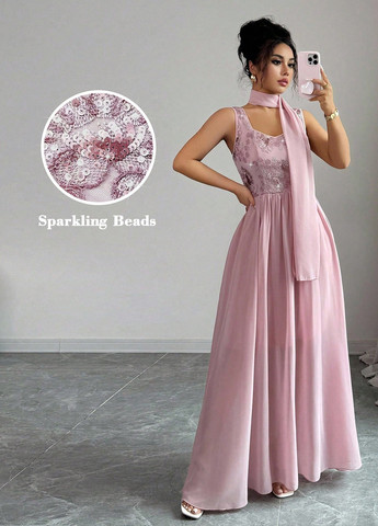 Розовое вечернее платье а-силуэт SHEIN однотонное