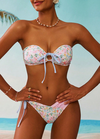 Светло-розовый летний купальник (лиф, трусики) раздельный, бандо SHEIN