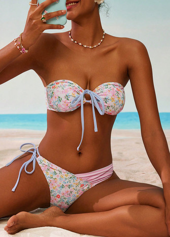 Светло-розовый летний купальник (лиф, трусики) раздельный, бандо SHEIN