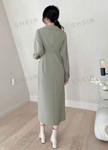 Серо-зеленое кэжуал платье на запах SHEIN однотонное