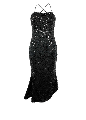 Черное вечернее черное платье в паетки с открытыми плечами годе, с открытой спиной, с открытыми плечами Elliatt однотонное