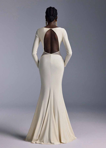 Кремовое праздничный, вечернее платье годе, с открытой спиной SHEIN однотонное