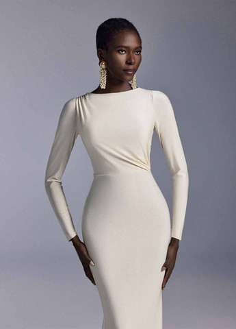 Кремовое праздничный, вечернее платье годе, с открытой спиной SHEIN однотонное