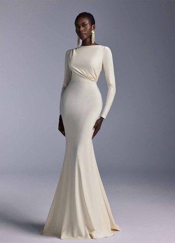 Кремовое праздничный, вечернее платье годе, с открытой спиной SHEIN однотонное