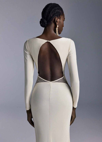 Кремовое праздничный, вечернее платье годе, с открытой спиной SHEIN однотонное