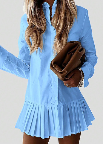 Голубое кэжуал платье рубашка, плиссированное SHEIN однотонное