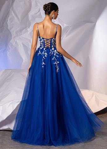 Синее вечернее платье с корсетом SHEIN с цветочным принтом